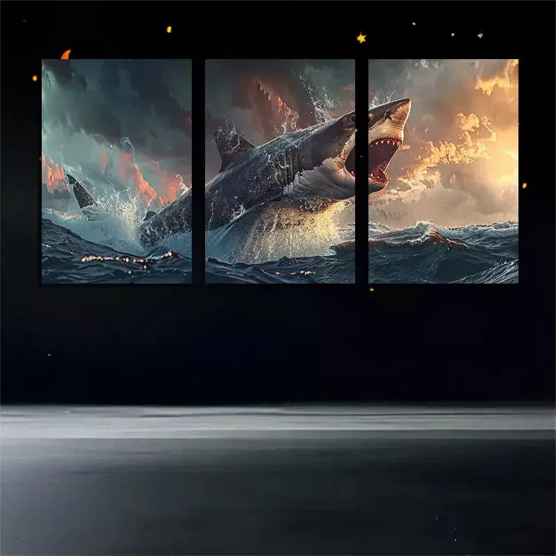 3pcs Large Shark Swimming Over An Ocean Canvas Framed 40x60cm - High Quality Print 100% Australian Made Wall Canvas Ready to Hang