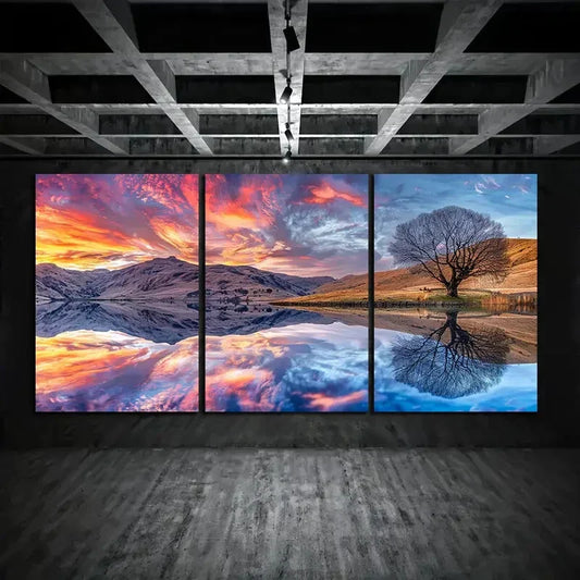3pcs Reflecting In The Lake Under Cloudy Sky Metal Print Ready to Hang Art