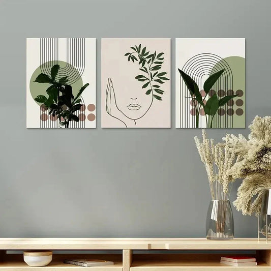 3pcs Green Plant & Abstract Design Metal Print Ready to Hang Art