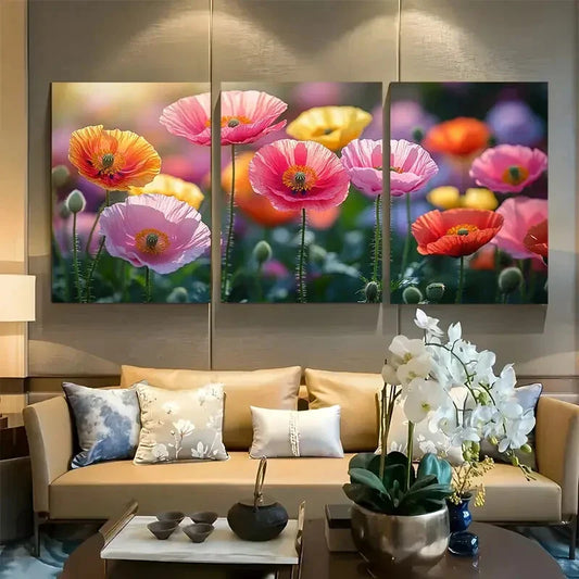 3pcs Vibrant Poppies Sunlit Garden Scene Metal Print Ready to Hang Art