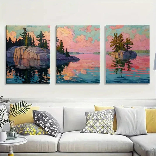 3pcs Serene Seaside Rocks and Trees Metal Print Ready to Hang Art