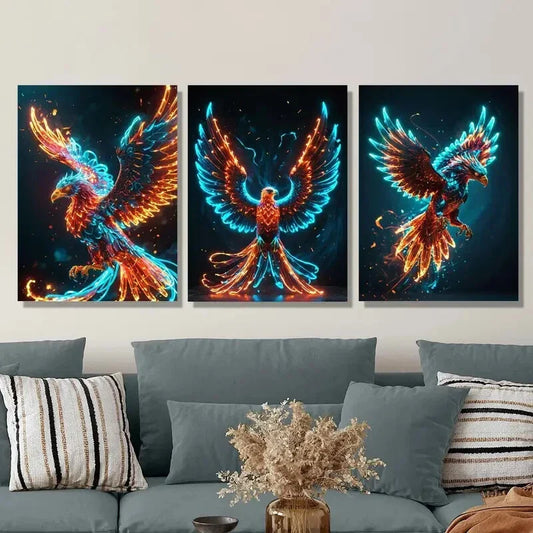 3pcs Abstract Flaming Phoenix Bird Art, Colorful  Metal Print Ready to Hang Art