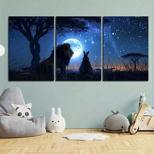3pcs Lion & Rabbit Under Moonlit Sky Starry Night Metal Print Ready to Hang Art