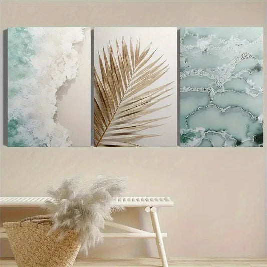 3pcs Ocean And Seaside Scenery with Golden Leaf Metal Print Ready to Hang Art