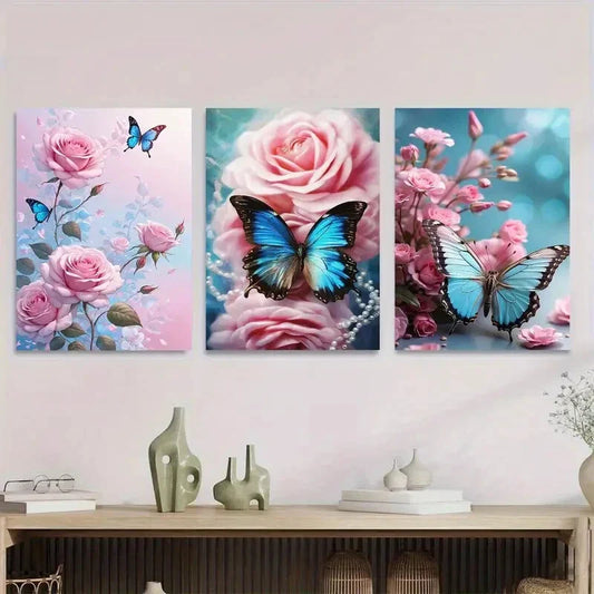 3pcs Beautiful Butterfly and Rose Metal Print Ready to Hang Art
