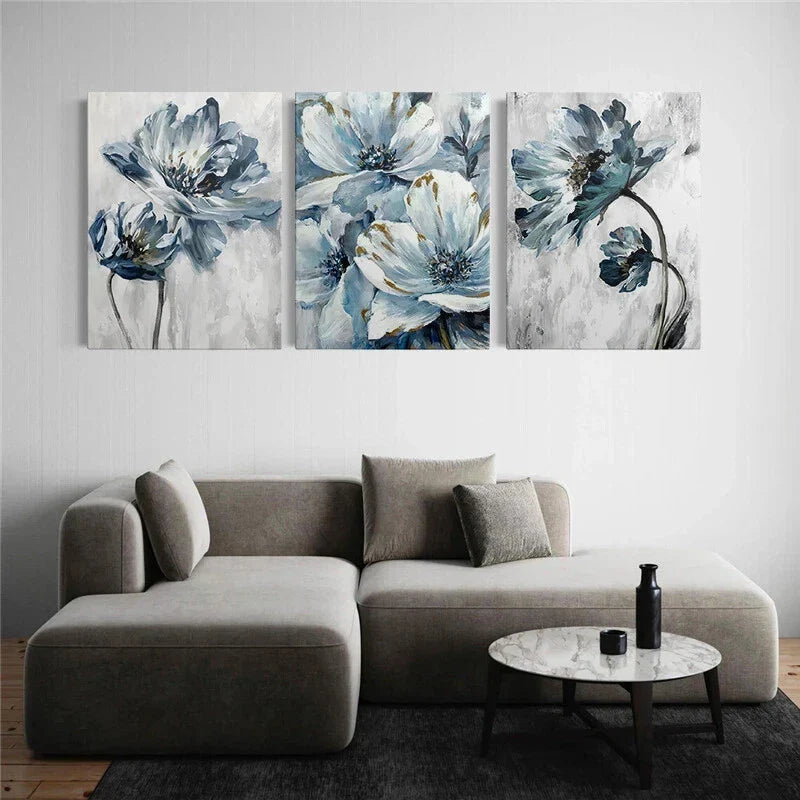 3pcs Abstract Blue Flowers Beautiful Metal Print Ready to Hang Art