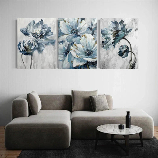 3pcs Abstract Blue Flowers Beautiful Metal Print Ready to Hang Art