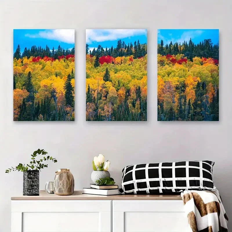 3pcs Autumn Forest Landscape Vibrant Metal Print Ready to Hang Art