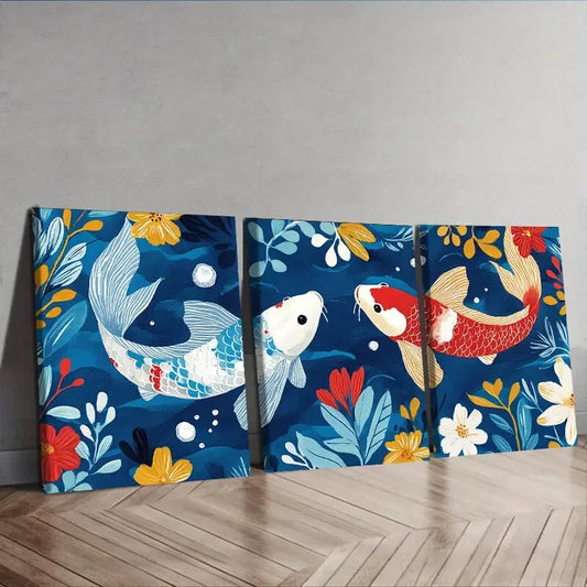 3pcs   Two red and white carp In Floral Water  Wall Art Set Canvas Framed 40x60cm - High Quality Print 100% Australian Made Wall Canvas Ready to Hang