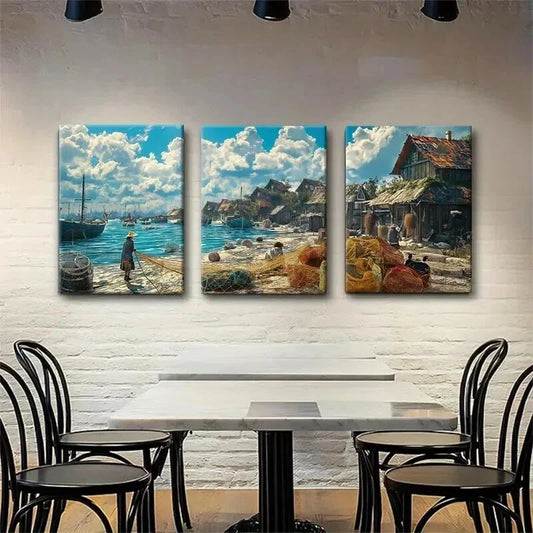 3pcs Serene Fisherman's Shoreline Scene Boats Wall Art Set Canvas Framed 40x60cm - High Quality Print 100% Australian Made Wall Canvas Ready to Hang