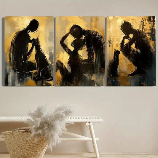 3pcs Figures & Animals Under Yellow Light Modern Metal Print Ready to Hang Art