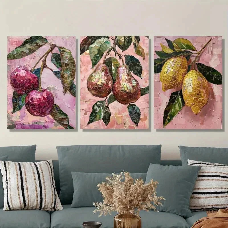 3pcs Fruit Oil Painting, Disco Fruit Mosaic Metal Print Ready to Hang Art