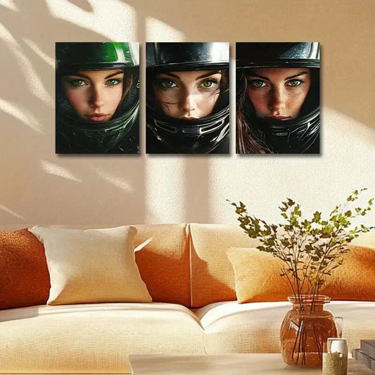 3pcs The Woman in the Green Helmet Metal Print Ready to Hang Art