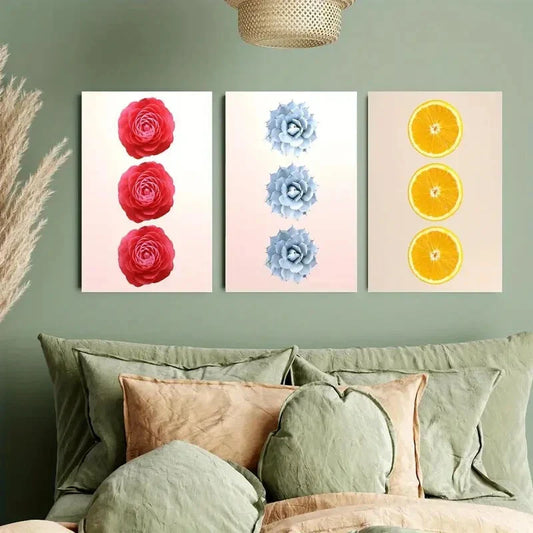 3pcs Orange Series, Three Pink Flowers Metal Print Ready to Hang Art