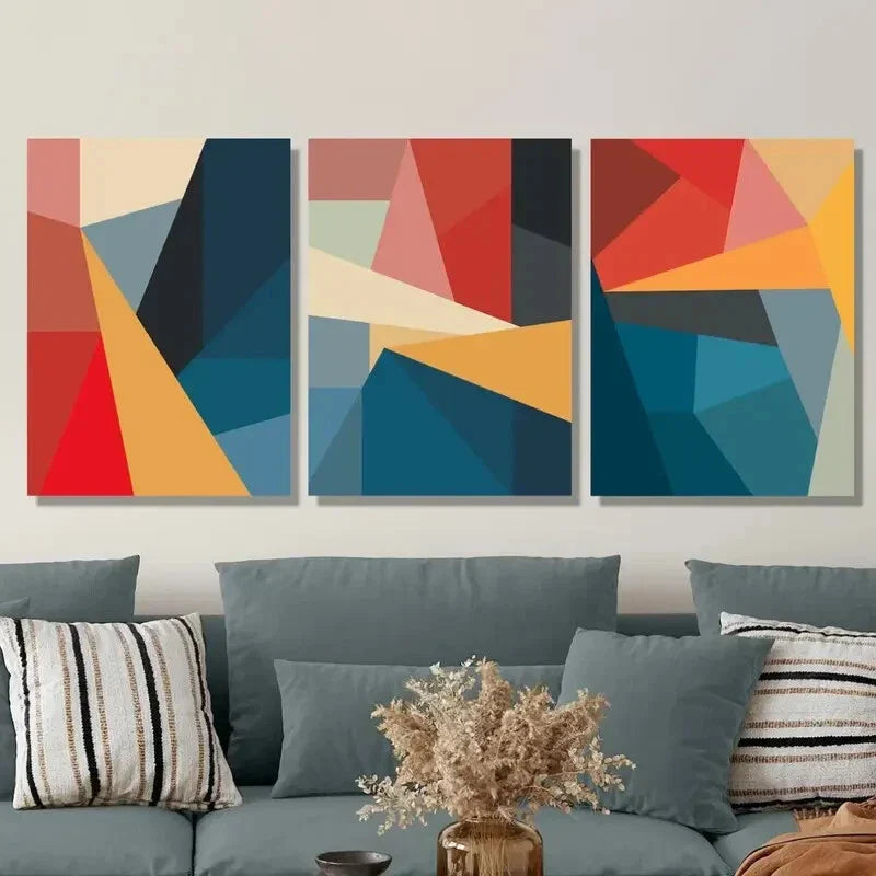 3pcs Geometric Abstract Designs, Vibrant Poster Metal Print Ready to Hang Art
