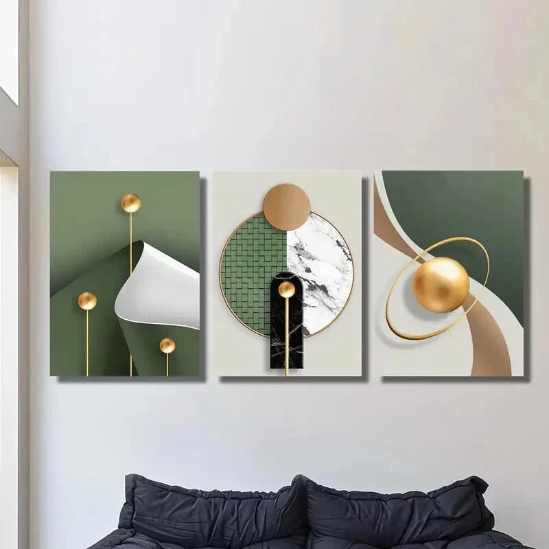 3pcs Modern Abstract Golden Geometric Wall Art Set Canvas Framed 40x60cm - High Quality Print 100% Australian Made Wall Canvas Ready to Hang