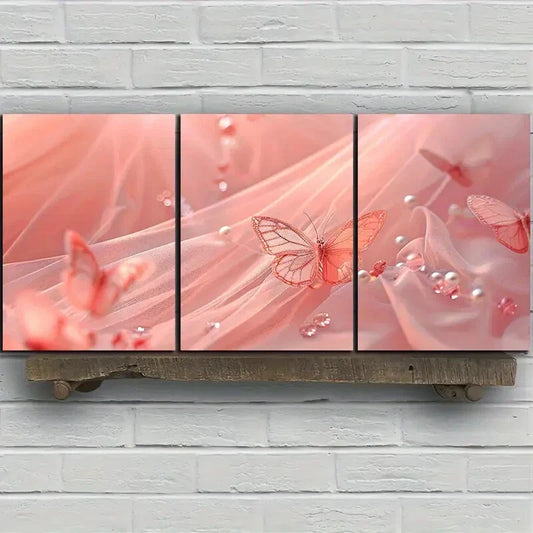 3pcs Butterfly Pink Floral Elegant Metal Print Ready to Hang Art