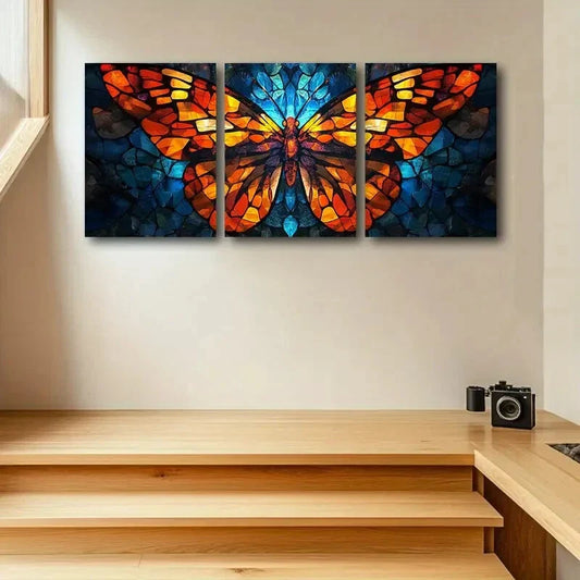 3pcs Colorful Butterfly Stained Glass Style Metal Print Ready to Hang Art