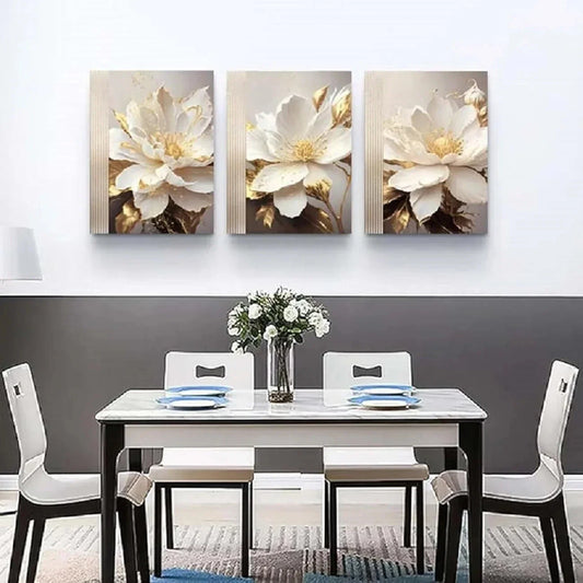 3pcs White Flower Abstract Golden Metal Print Ready to Hang Art