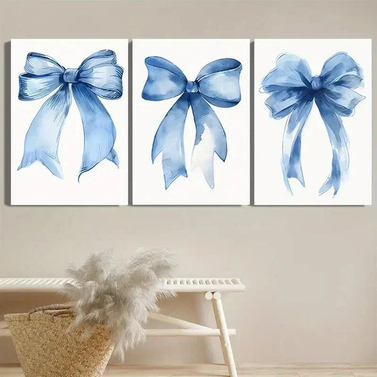 3pcs Preppy Style Blue Ribbon Bow Metal Print Ready to Hang Art