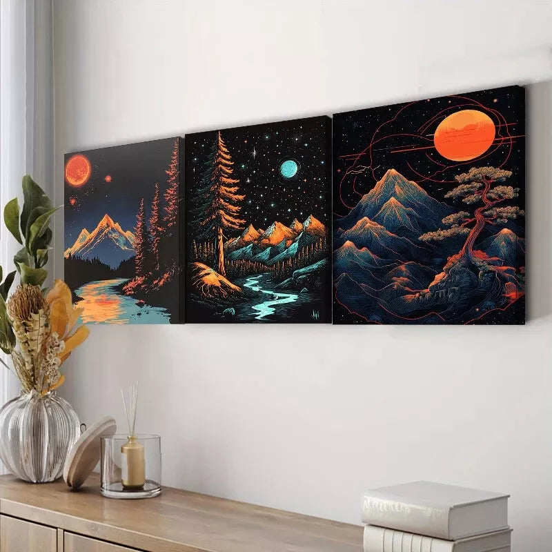 3pcs Featuring A Starry Sky Nature Moon Wall Art Set Canvas Framed 40x60cm - High Quality Print 100% Australian Made Wall Canvas Ready to Hang