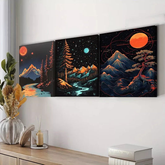 3pcs Featuring A Starry Sky Nature Moon Wall Art Set Canvas Framed 40x60cm - High Quality Print 100% Australian Made Wall Canvas Ready to Hang