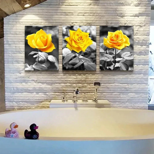 3pcs Black And White Yellow Rose Flowers Metal Print Ready to Hang Art