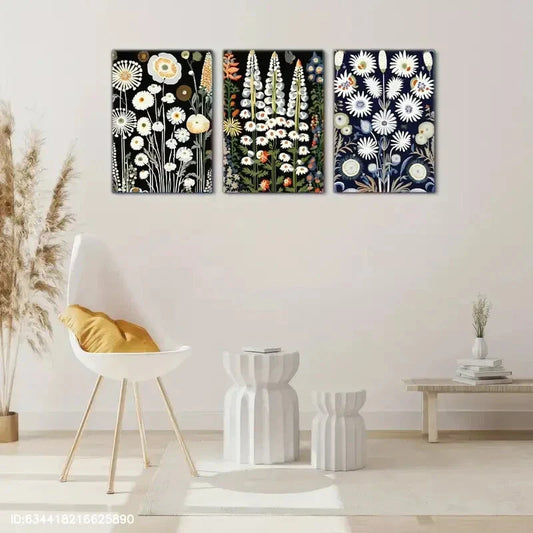 3pcs Navy Blue and White Wildflowers Painting Metal Print Ready to Hang Art