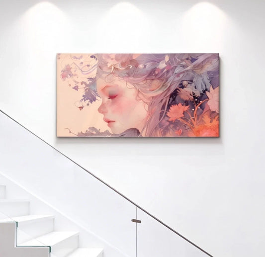 Ethereal Woman with Floral Hair Wall Art Canvas Office Home Framed 80x45cm