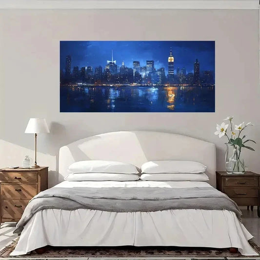 City Lights Reflections Water Wall Art Canvas Office Home Room Framed 80x45cm