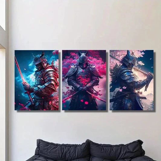 3pcs Japanese Armor & Sword under Cherry Blossom Metal Print Ready to Hang Art