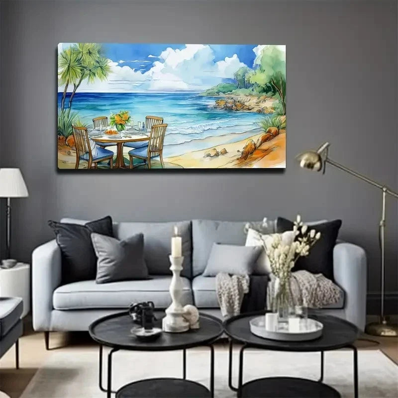Beach Sea Dining Table Wall Art Canvas Office Home Room Framed 80x45cm