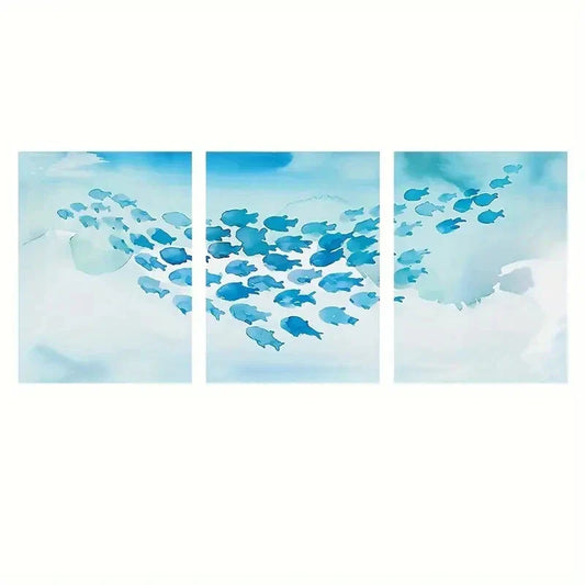 3pcs  Blue Minnows School Swimming Abstract Animal  Metal Print Ready to Hang Art