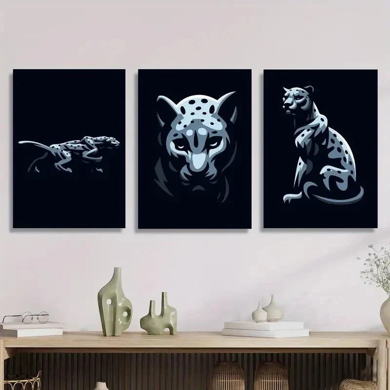 3pcs Black and White Wildlife Cheetah, Leopard Metal Print Ready to Hang Art