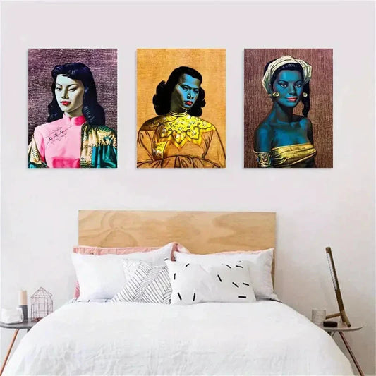 3pcs Vintage-Style Asian Woman Portrait Metal Print Ready to Hang Art