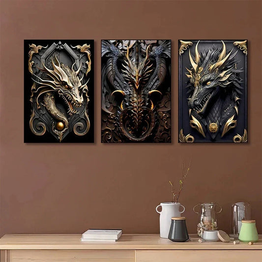 3pcs Abstract Black And Gold Dragons Metal Print Ready to Hang Art