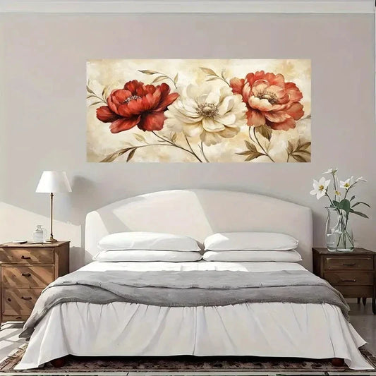 Red White Floral Wall Art Canvas Office Home Room Framed 80x45cm