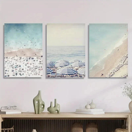 3pcs  Beach Umbrellas, Blue And White Wall Art Set Canvas Framed 40x60cm - High Quality Print 100% Australian Made Wall Canvas Ready to Hang