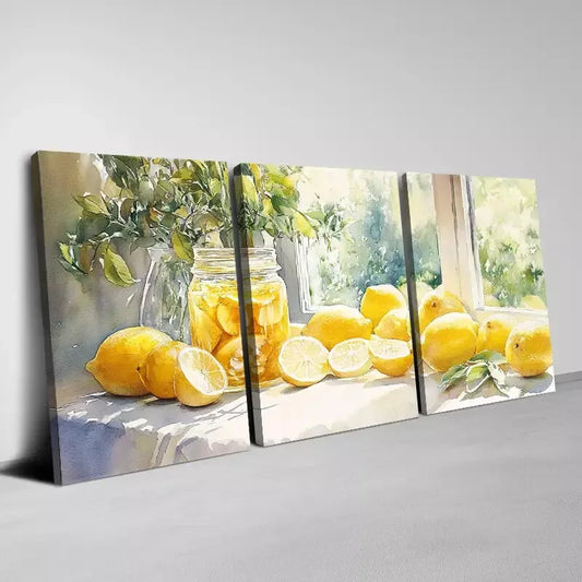 3pcs Beautiful Watercolor Yellow Lemons  Wall Art Set Canvas Framed 40x60cm - High Quality Print 100% Australian Made Wall Canvas Ready to Hang