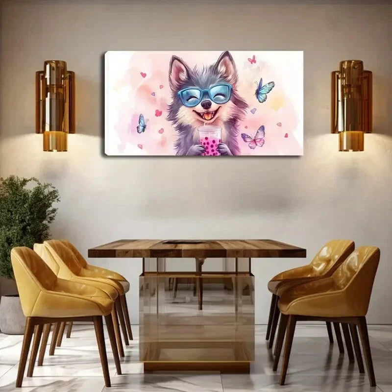 Playful Dog Blue Glasses Drink Wall Art Canvas Office Home Room Framed 120x60cm
