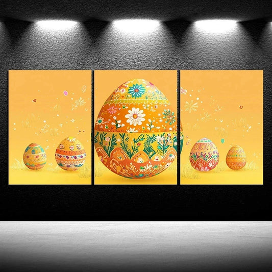 3pcs Vibrant Colorful Eggs Orange Florals Designs Metal Print Ready to Hang Art