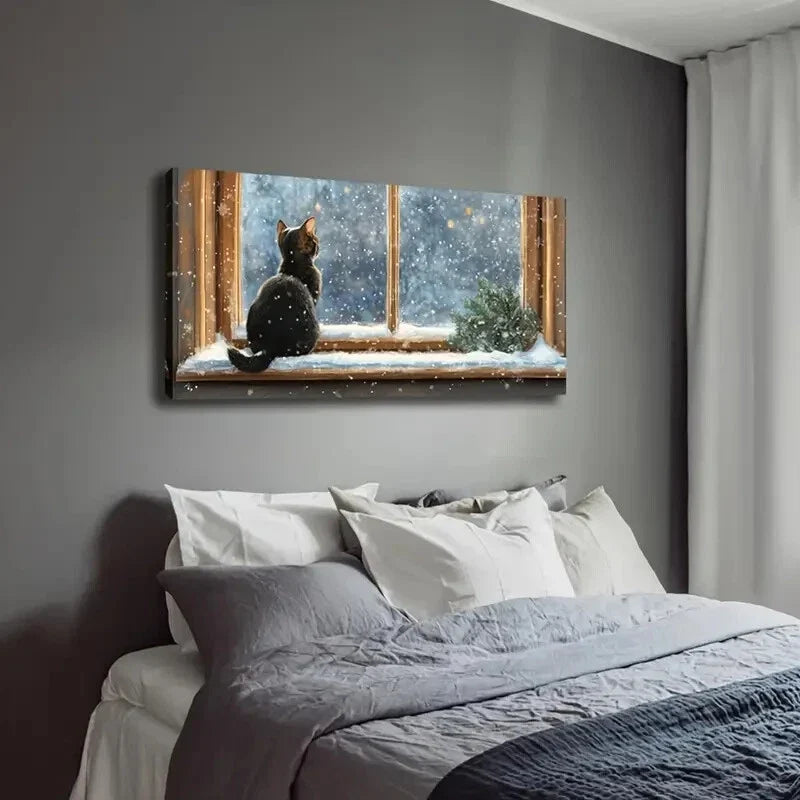 Charming Cat Looking Out Window Wall Art Canvas Office Home Room Framed 80x45cm