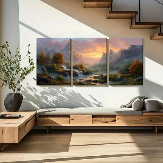3pcs Autumn Trees Waterfall Sunset Glow Metal Print Ready to Hang Art