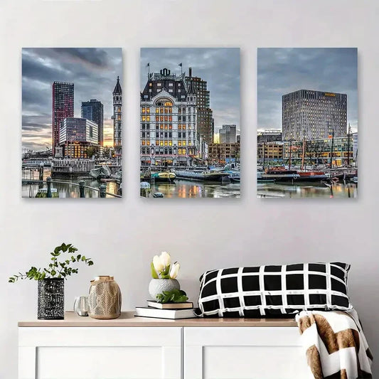 3pcs Modern Cityscape Harbor Vibrant Urban Sky Metal Print Ready to Hang Art