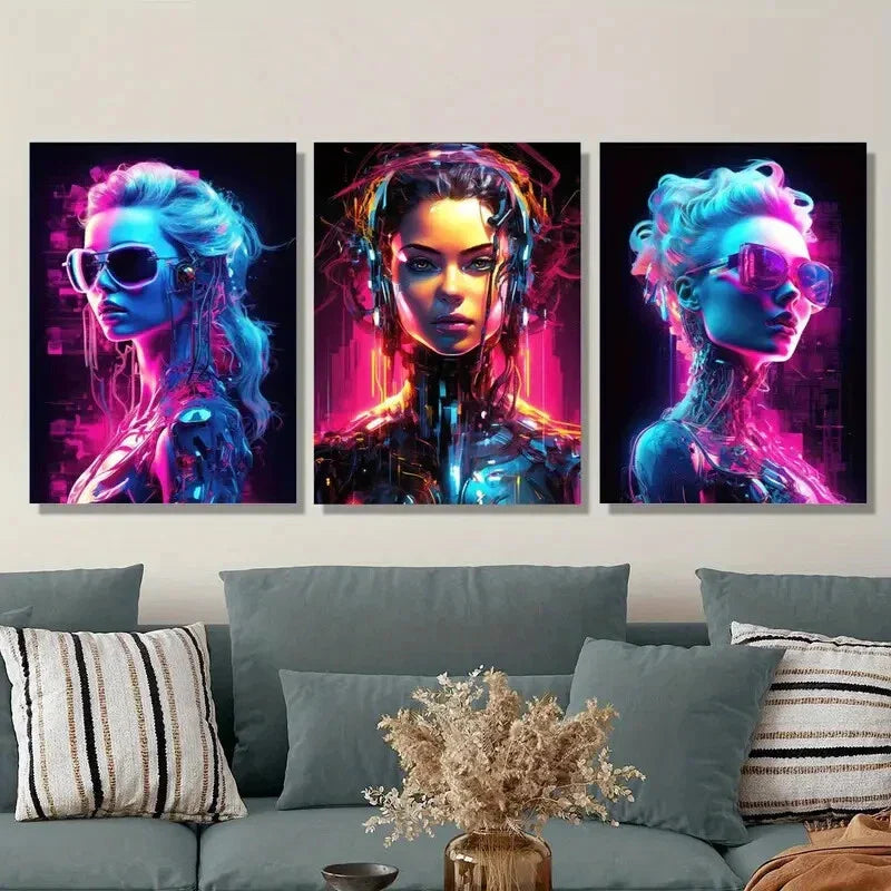 3pcs  colorful female humanoid robot portrait  Metal Print Ready to Hang Art