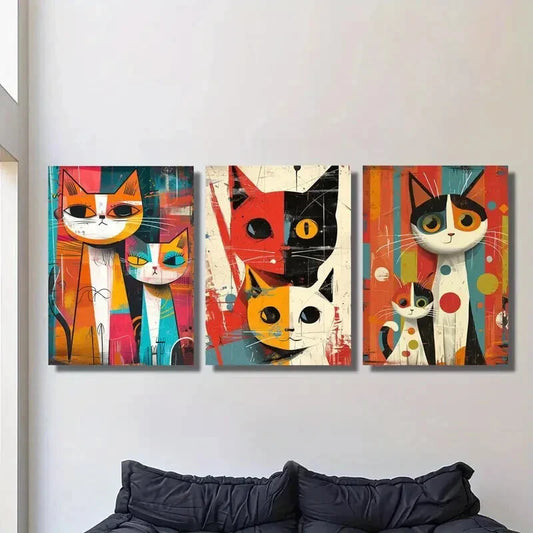 3pcs Vintage Colorful Cat Illustrations, Metal Print Ready to Hang Art