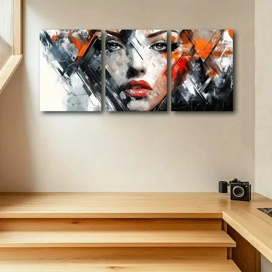 3pcs Abstract Woman Portrait with Bold Geometric Metal Print Ready to Hang Art