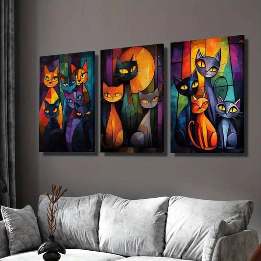 3pcs   Abstract Cat Fantasy Colors Wall Art Set Canvas Framed 40x60cm - High Quality Print 100% Australian Made Wall Canvas Ready to Hang