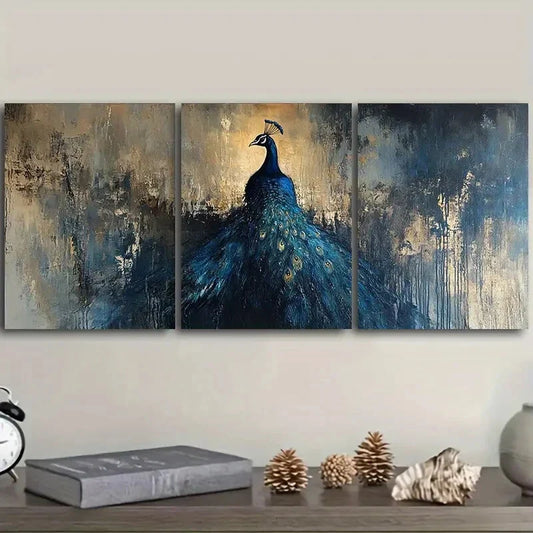 3pcs An Elegant Pea Rooster Luxurious Painting Metal Print Ready to Hang Art