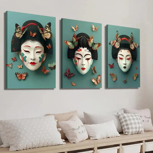 3pcs Elegant Geisha Mask and Butterfly Wall Art Set Canvas Framed 40x60cm - High Quality Print 100% Australian Made Wall Canvas Ready to Hang